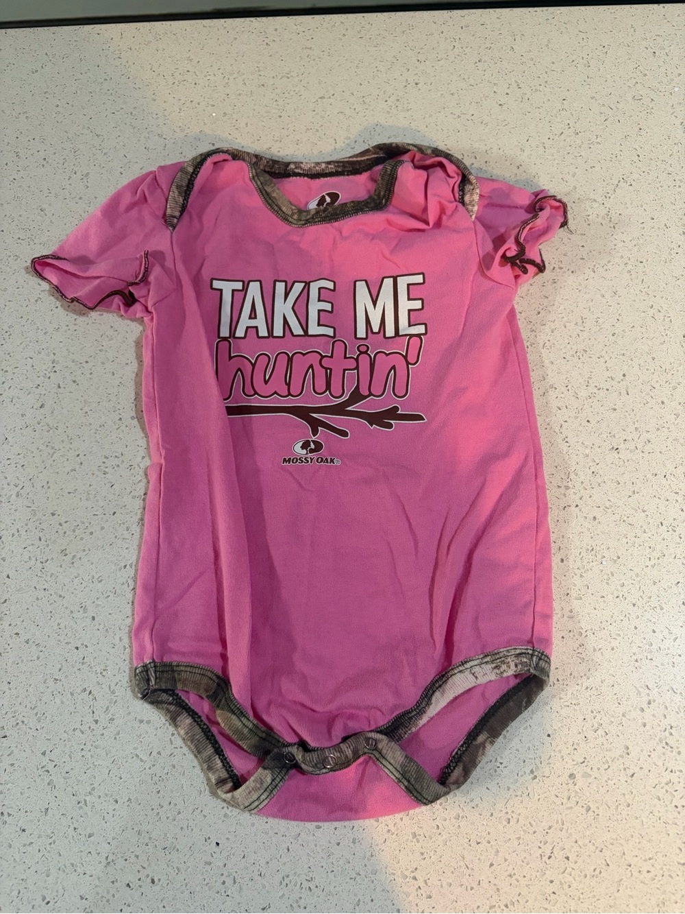 Mossy oak baby girls pink “Take me Huntin” Camo Bodysuit 24M